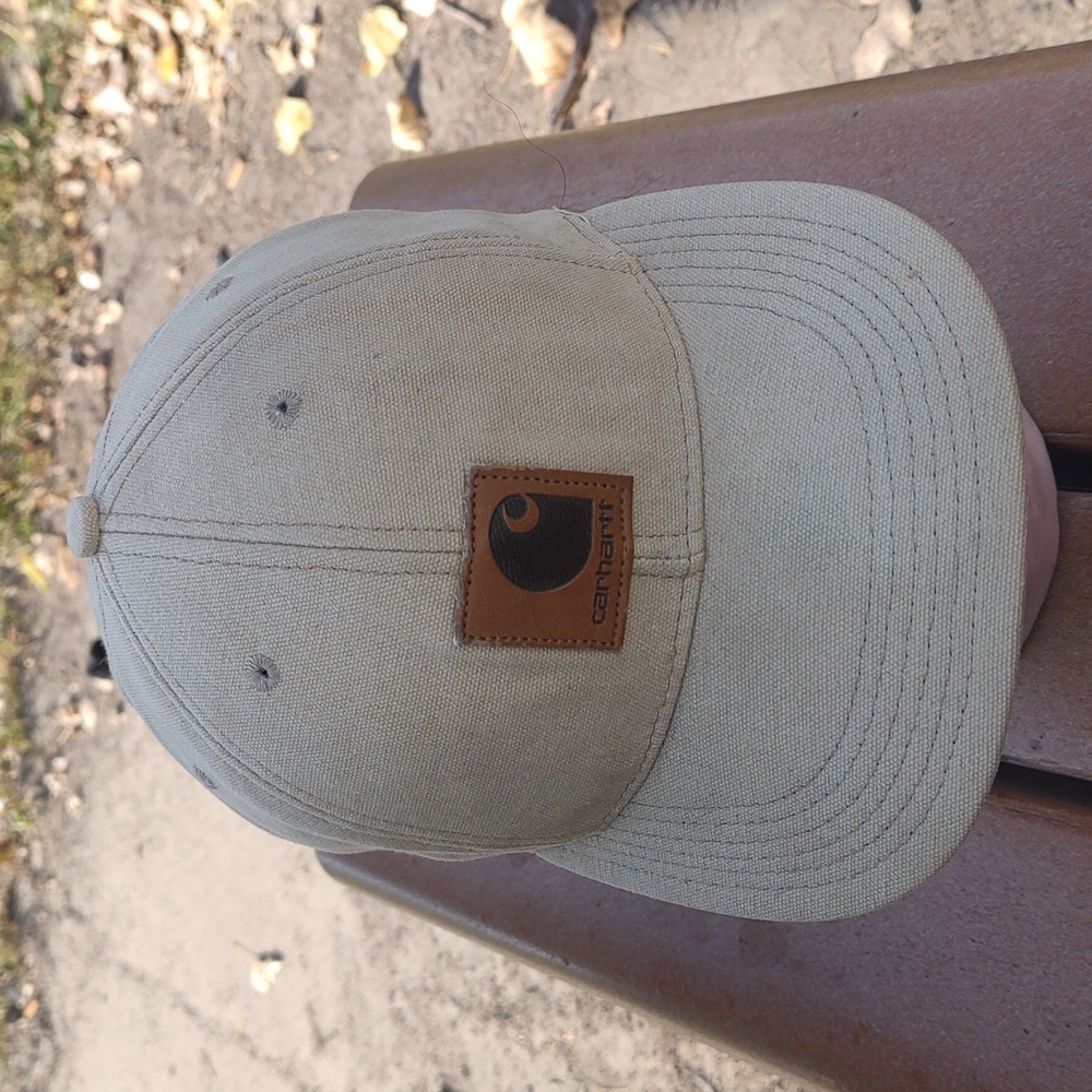 Vtg Carhartt Stitched Leather Patch Anderson Windows Beige Tan Snapback Hat Cap